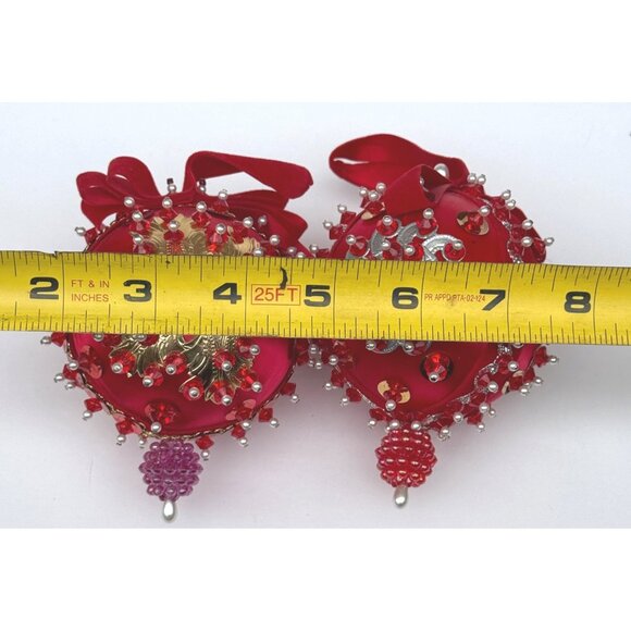 Vintage Red Satin Beaded Push Pin Christmas Ornament Handmade 2 Mid Century - Picture 10 of 12